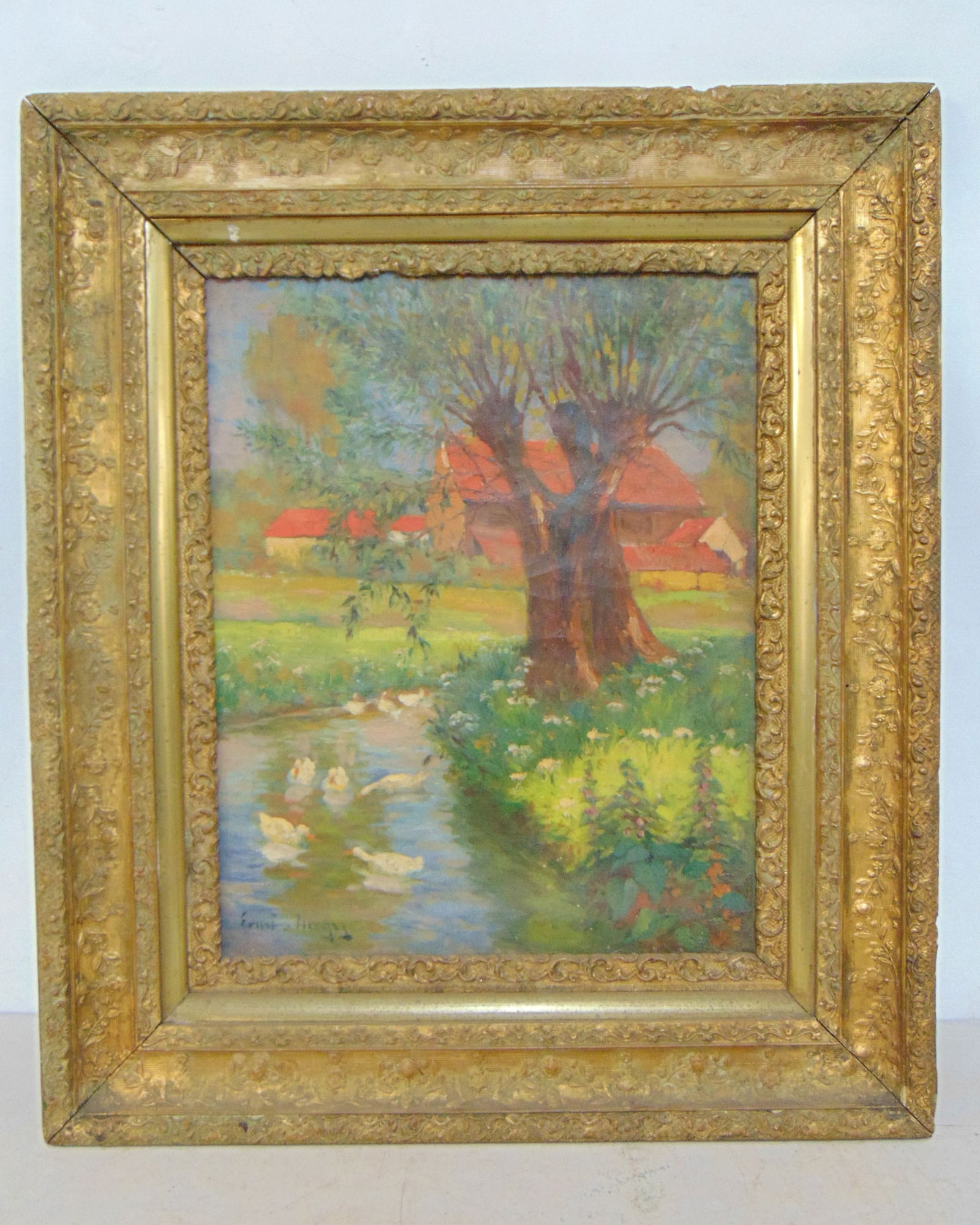 Painting, landscape with swans in pond by willow, house in background, Ernest De Nagy. (1 of 5)