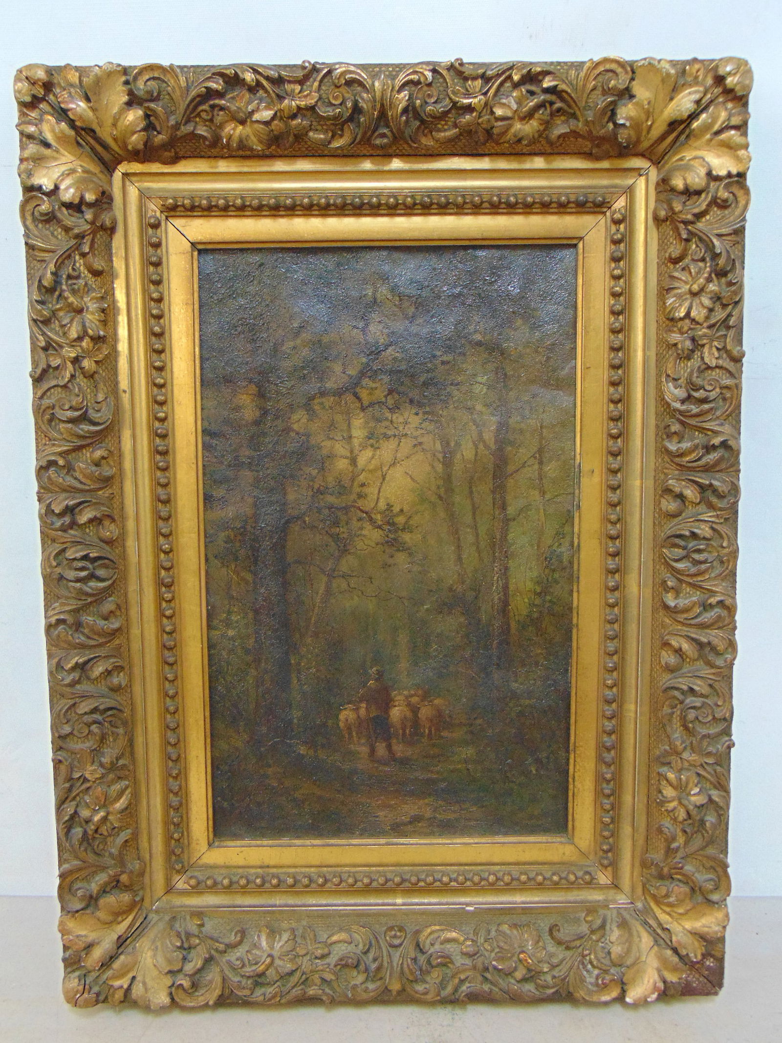 Painting, sheep herder with flock of sheep in woods, unsigned, oil on canvas, 16" by 10", gilt (1 of 4)