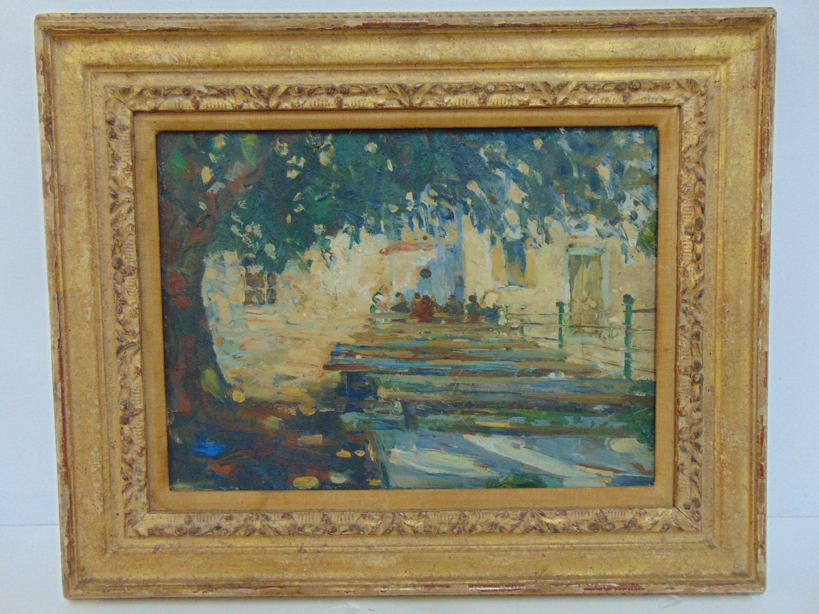 Painting, figures on benches under tree, unsigned, oil on Masonite, 9.5" by 12 7/8": Painting, figures on benches under tree, unsigned, oil on Masonite, 9.5" by 12 7/8"
