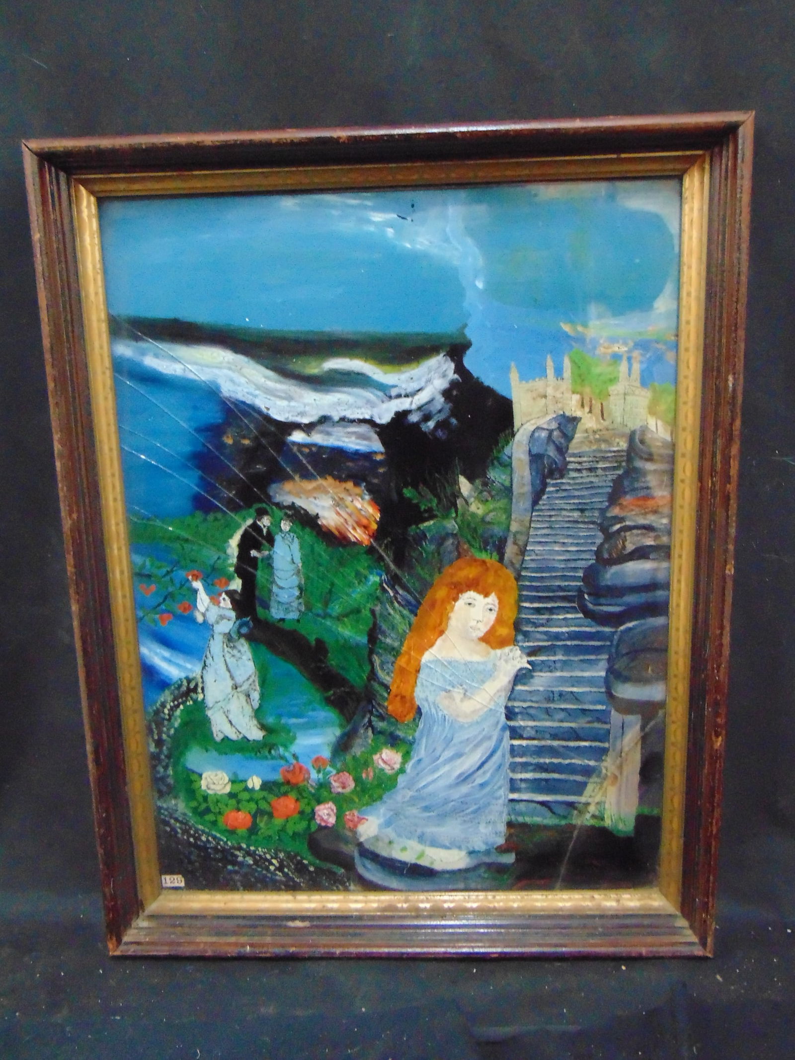 Eglomise, girl praying, by Ida Chagall, glass cracked, stabilized behind new glass, old Sotheby's (1 of 7)