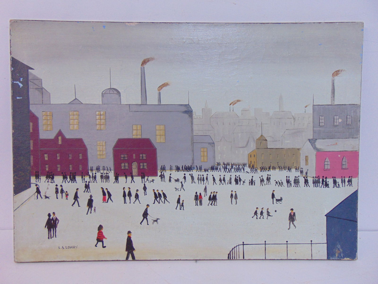 Painting, figures by factory, signed L.S. Lowry, oil on canvas, canvas is 17.75" by 26" (1 of 6)