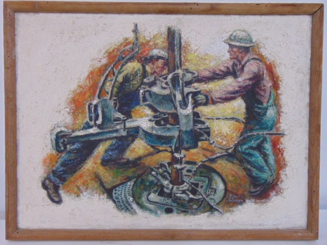 Painting, industrial scene, oil rig workers, signed Monroe Reisman, oil on board, 17.5" by 23.5": Painting, industrial scene, oil rig workers, signed Monroe Reisman, oil on board, 17.5" by 23.5" (sight)