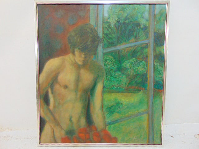 Painting, nude man by window, signed illegibly, (Lybens, Lubens ??), oil on canvas, 36.75" by 32.5": Painting, nude man by window, signed illegibly, (Lybens, Lubens ??), oil on canvas, 36.75" by 32.5"