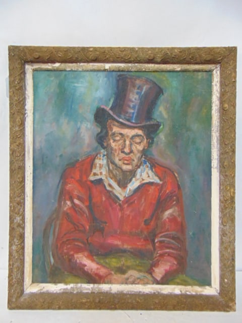 Painting, "Backstage Broadway, by Paul Meltzner, portrait man with top hat, oil on board, 25" by (1 of 4)