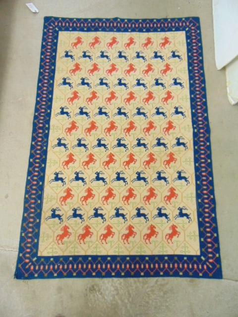 Needlepoint rug, beige field with blue border, horse & deer pattern, carpet is 72.75" by 47.75", (1 of 4)