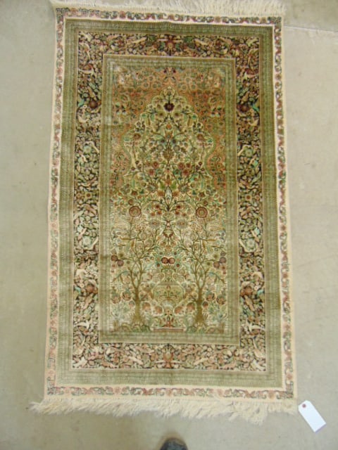 Silk scatter rug, decorated with tree, flowers, birds, carpet is 59" by 36.75" (1 of 6)