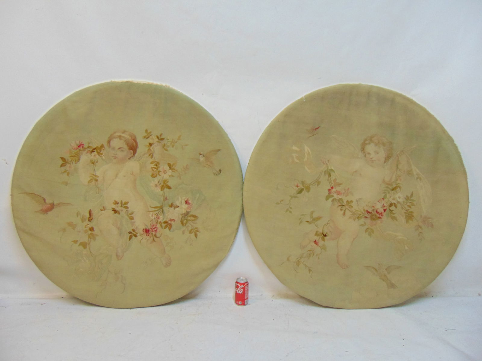 Pair round antique petitepoint or Aubusson tapestry panels, putti scenes, 42.5" diameter (1 of 5)