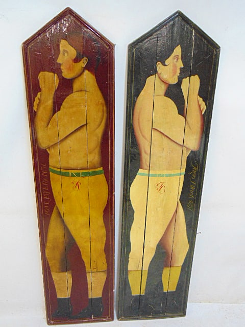 2 large oil on panels, boxers, "Tom Sawyer's, 1851" & "Fago Black, 1857", each panel is 67.75" tall, (1 of 8)