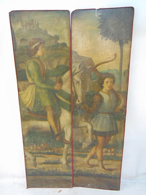 2 oil on canvas  panels, renaissance style scene with figure on white horse, estate in distance, (1 of 6)