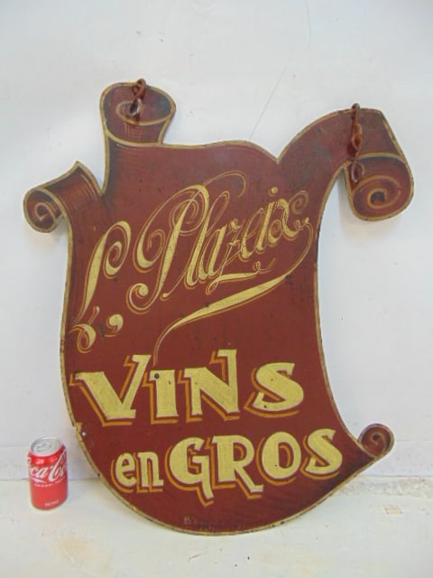 Iron street sign, L. Plazeix, Vins en Gros, double sided, good paint, sign is 31.5" tall, 27" wide. (1 of 6)