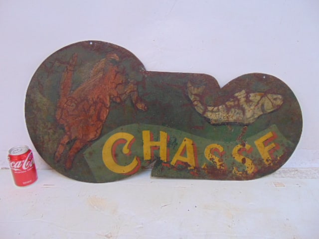 Iron streetsign, "Chasse", paint decorated with rabbit & fish, sign is 35" long, height is 18", (1 of 4)