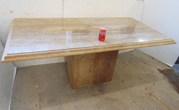 Large marble top table on marble base table, in light brown, top is 70.75" by 35.5", height is 29.5" (1 of 5)