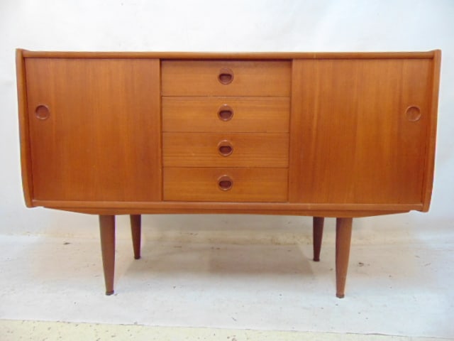 Mid Century Danish style server, diminutive size, with sliding doors, has 4 small drawers in center (1 of 5)