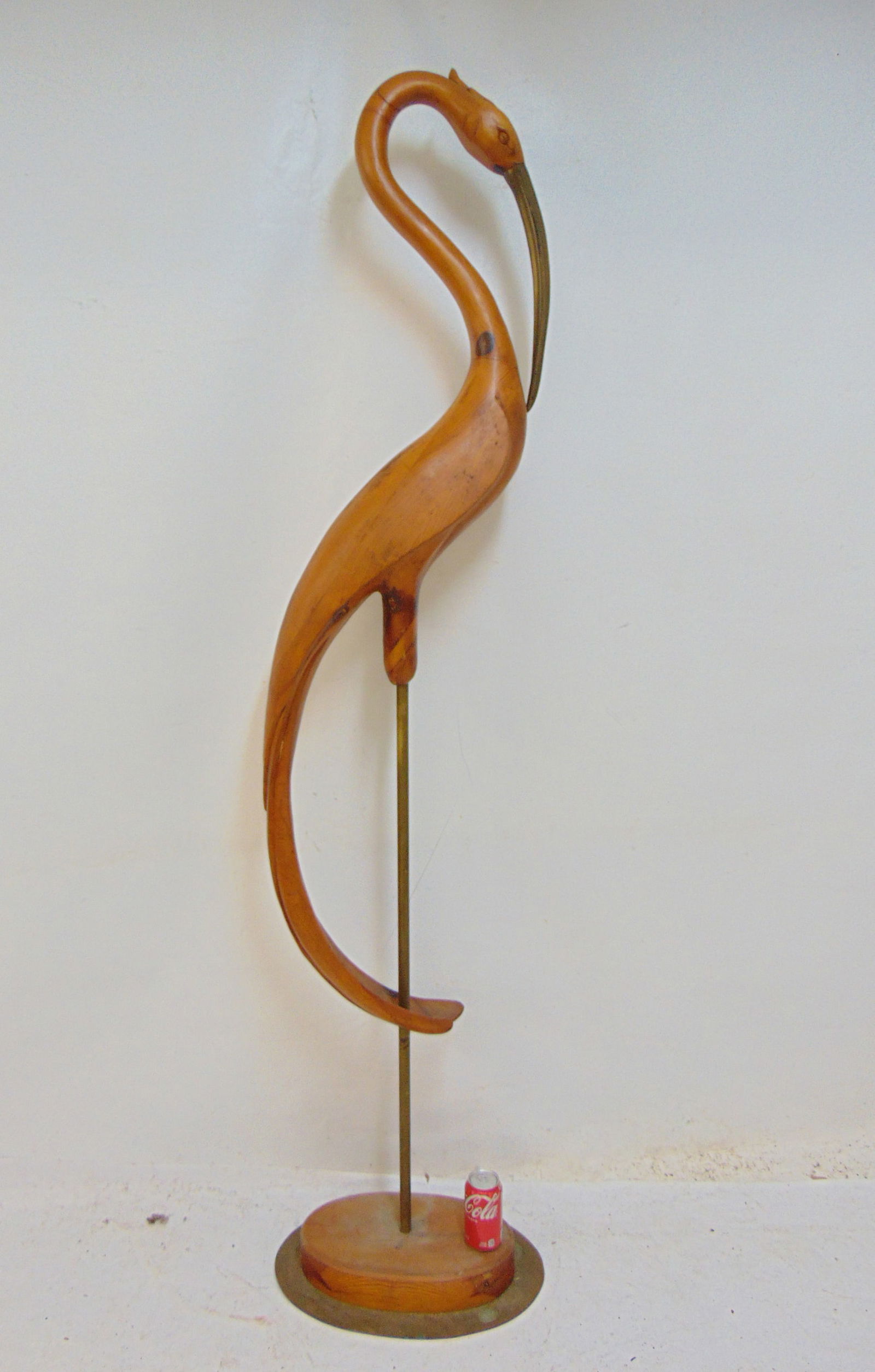 Large Mid Century wood & brass sculpture of a bird, crane or egret with straight neck , height is (1 of 7)