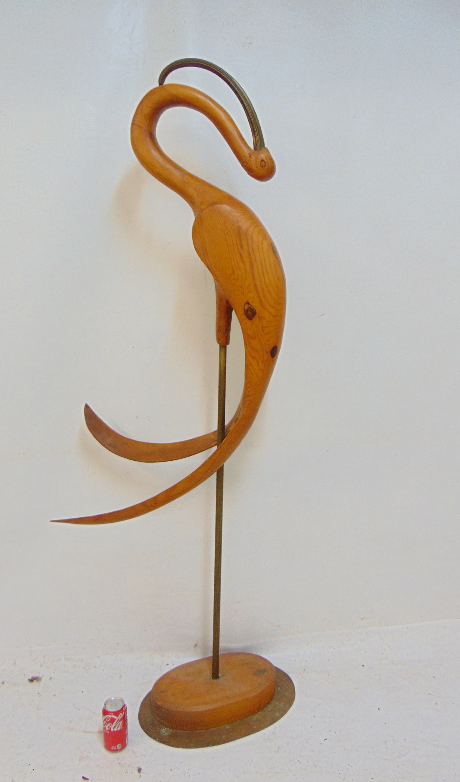 Large Mid Century wood & brass sculpture of a bird, crane or egret with curved neck, height is (1 of 6)