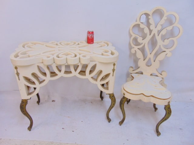 Unusual desk & chair, Hollywood Regency style, in lacquered white carved tops on metal legs, desk or (1 of 6)