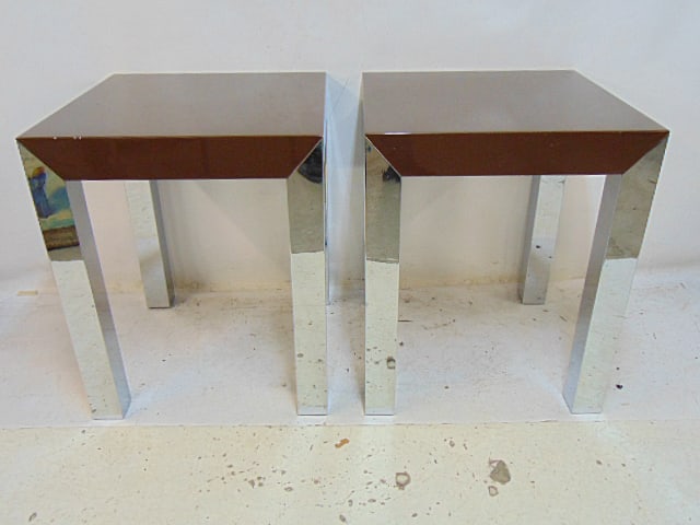 Pair contemporary chrome base lacquered top side tables, 24" by 24", 29.25". (1 of 4)