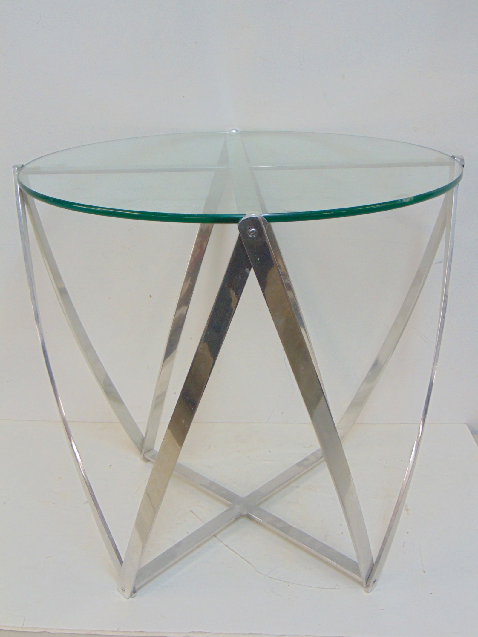 John Vesey aluminum base side table, Mid Century cast aluminum side table with glass top, top is: John Vesey aluminum base side table, Mid Century cast aluminum side table with glass top, top is 24", height is 24.25"