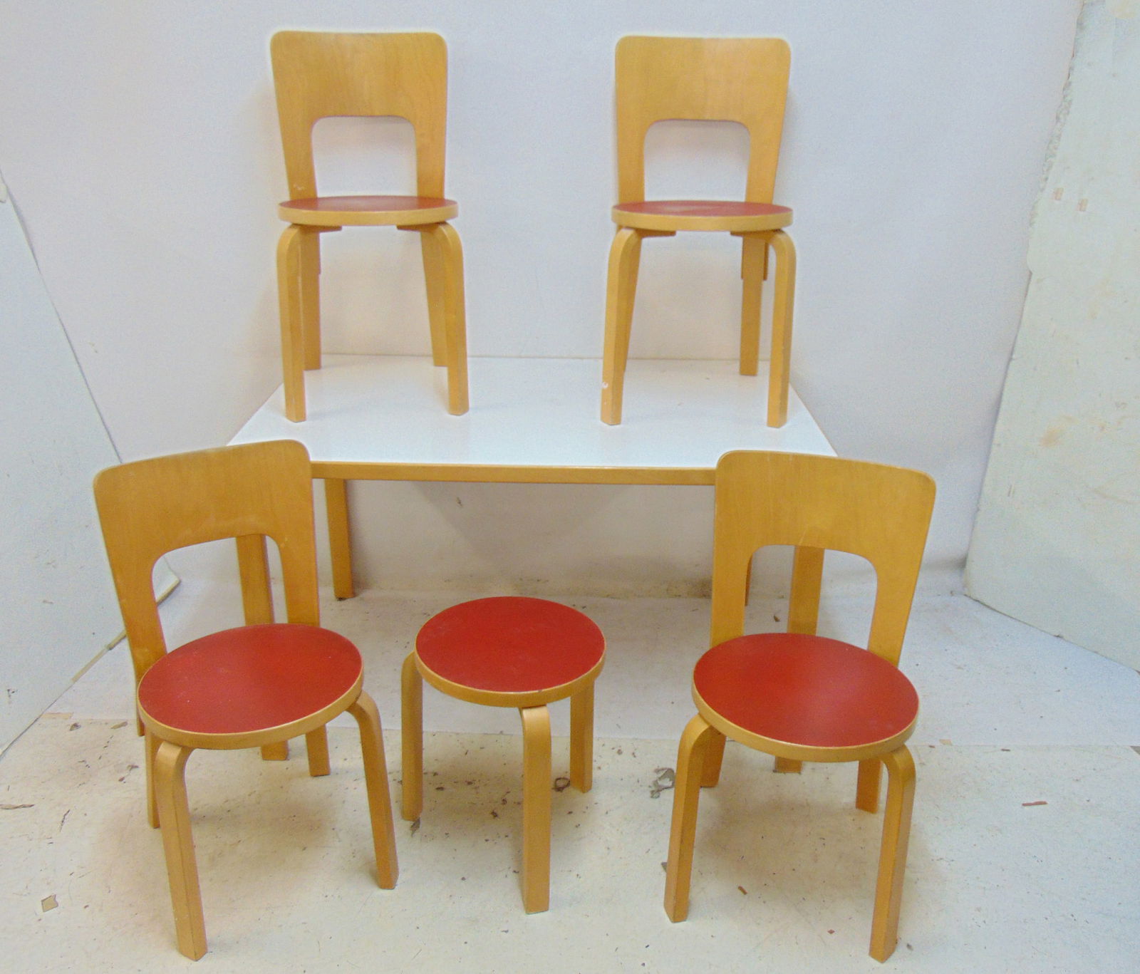 Alvar Aalto for ICF Modern Bentwood Table & chairs, stool, table has white Formica top and is 48" by (1 of 5)