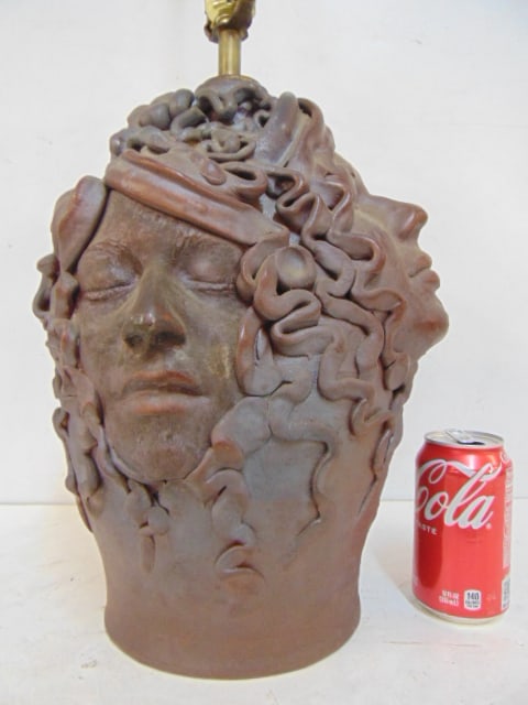 Vintage studio pottery 4 faced Medusa sculpted lamp base, height lamp (base only) is 14.5", total (1 of 4)