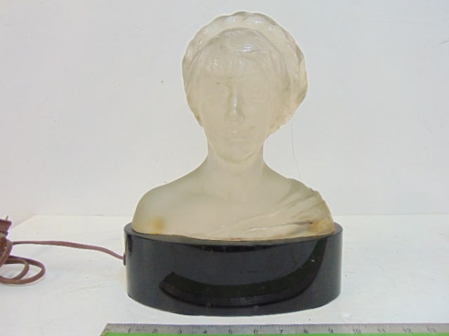 Glass bust of a woman, signed Hoffman (Heinrich), frosted glass bust on black base, signed on base,: Glass bust of a woman, signed Hoffman (Heinrich), frosted glass bust on black base, signed on base, base is 10.75" by 5.5", height is 13.25", has small chip bottom of base.
