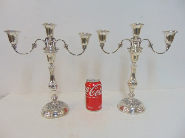 Pair weighted Gorham sterling silver candelabra, floral pattern in base, three cups each, height is (1 of 4)