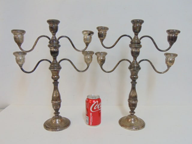 Pair weighted sterling silver candelabra, double arms, 4 cups, height is 16.75" (1 of 4)