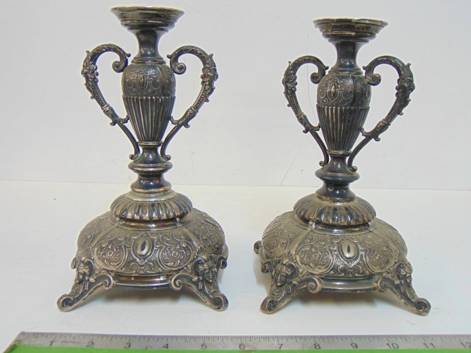 Pair silver hallmarked bases for bowls, tazza, with handles, extensively decorated, height is 9.25",: Pair silver hallmarked bases for bowls, tazza, with handles, extensively decorated, height is 9.25", 15 troy