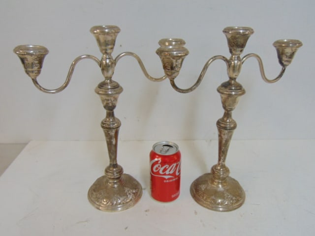 Pair weighted sterling silver candelabra by Wallace, height is 14 1/8" (1 of 4)