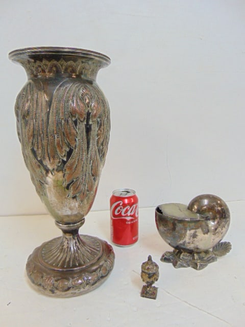 Silverplate vase, nautilus shell vessel & small (silver ?) jeweled urn shaped jar, large silver (1 of 7)