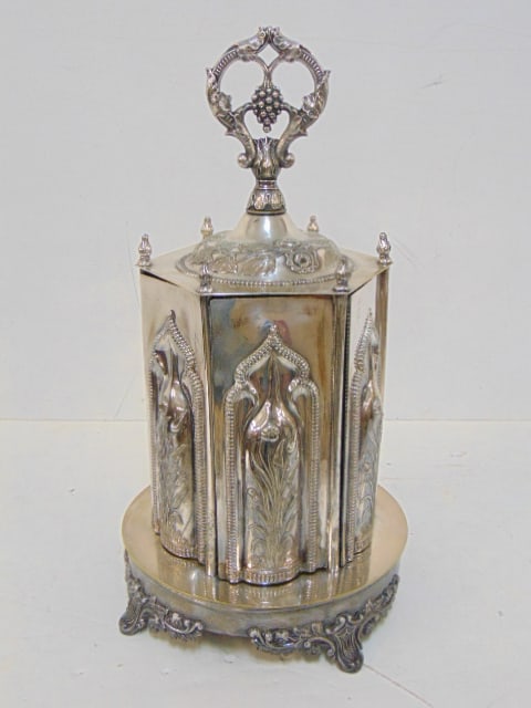 Silverplate Gothic revival mechanical condiment set, top finial rotates, mechanism opens the side (1 of 7)