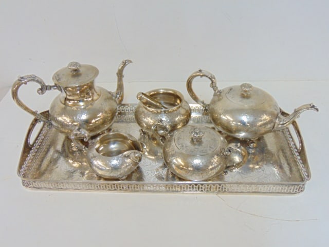 Reed & Barton silver plated tea set, coffee & tea pots, sugar, creamer, bowl & tongs, decorated, (1 of 4)