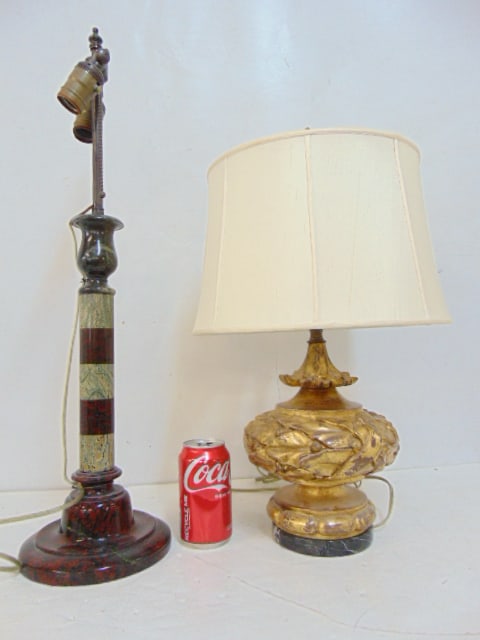 2 table lamps, gilt plaster base lamp & mixed marble column lamp. (1 of 5)