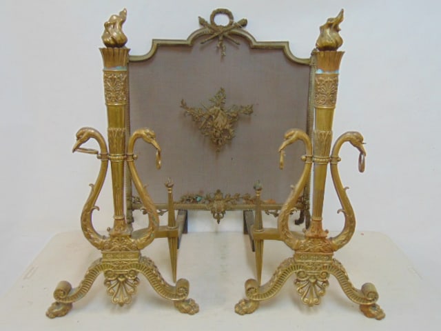 Pair brass torch shaped andirons & fire screen, andirons are 29.5" tall, screen is 25" wide, 30" (1 of 7)