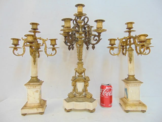 Lot candelabra, pair & single, marble & bronze, pair of 5 arm candelabra, height is 17.25", single (1 of 7)
