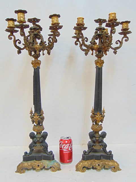 Pair large bronze candelabra on figural bases, basalt columns, one is extensively chipped, center (1 of 6)