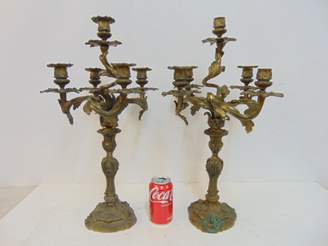 Pair gilt bronze candelabra in Louis IV style, one cup is loose, height is 21.25" (1 of 4)