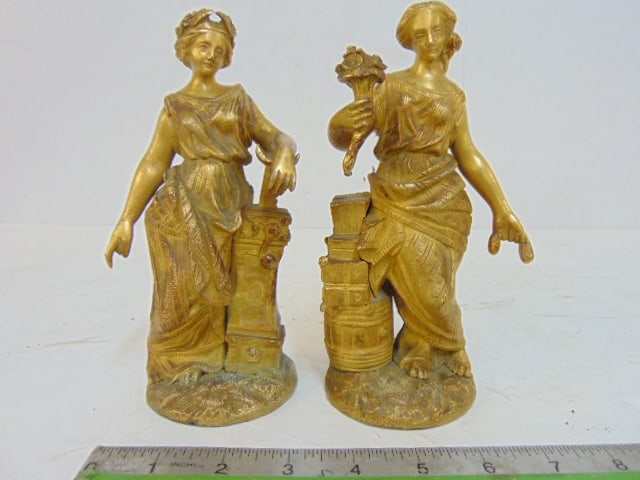 2 small gilt figural bronze woman leaning on pillar & lady with flowers, height is 7.25" (1 of 4)