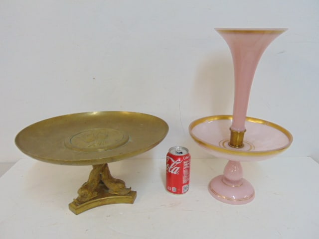 Bronze Roman themed Taza & pink glass epergne, Taza has center medallion "Minerva", on dolphin base, (1 of 7)