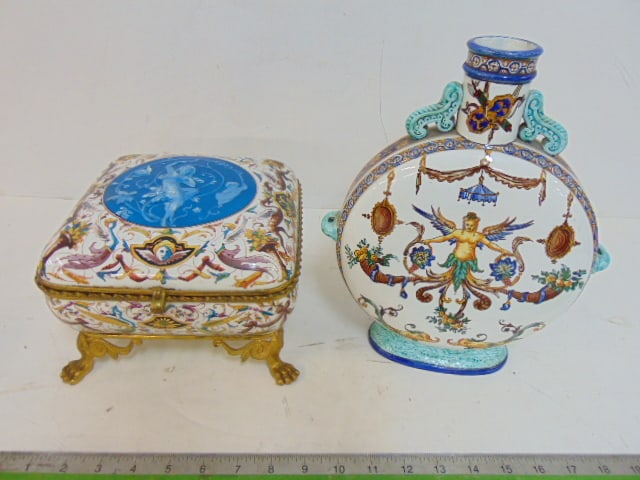 Decorative Gien vase & lidded hinged box, oval earthenware flask vase, height is 11.25", decorative (1 of 7)