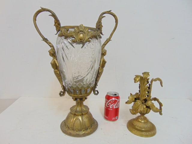 Crystal & bronze vase & bronze epergne base, vase with figural handles is 17.75" (1 of 5)