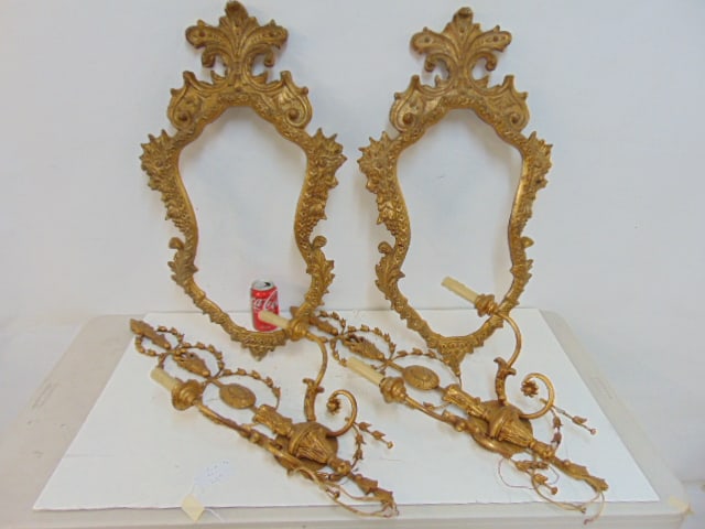 Pair gilt wall sconces & pair shield shaped frames, frames are 30" tall, 16.5" wide, marked Italy, (1 of 10)