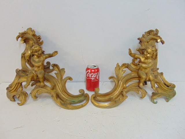 Pair bronze chenets with putti figures, 16" wide, height is 11.25" (1 of 4)