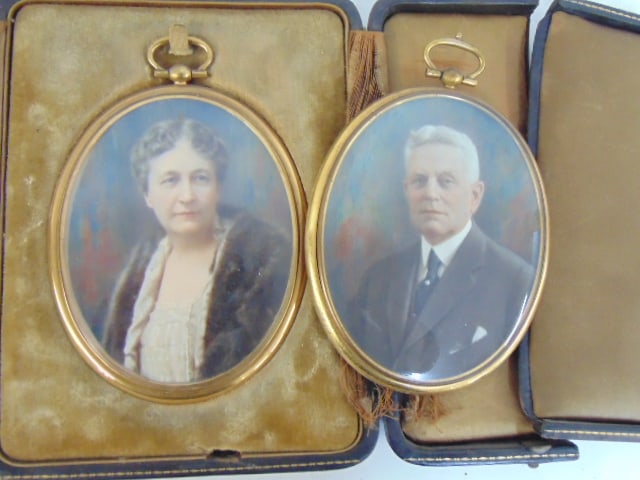 Pair miniature portraits in leather cases, unsigned, each portrait is 4" by 3" (1 of 5)