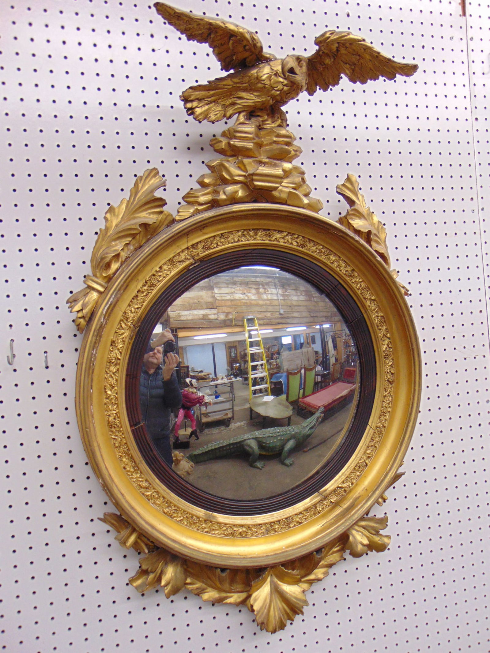 Period gilt bullseye convex mirror with eagle, mirror is 41" tall, 25.5" wide. (1 of 8)