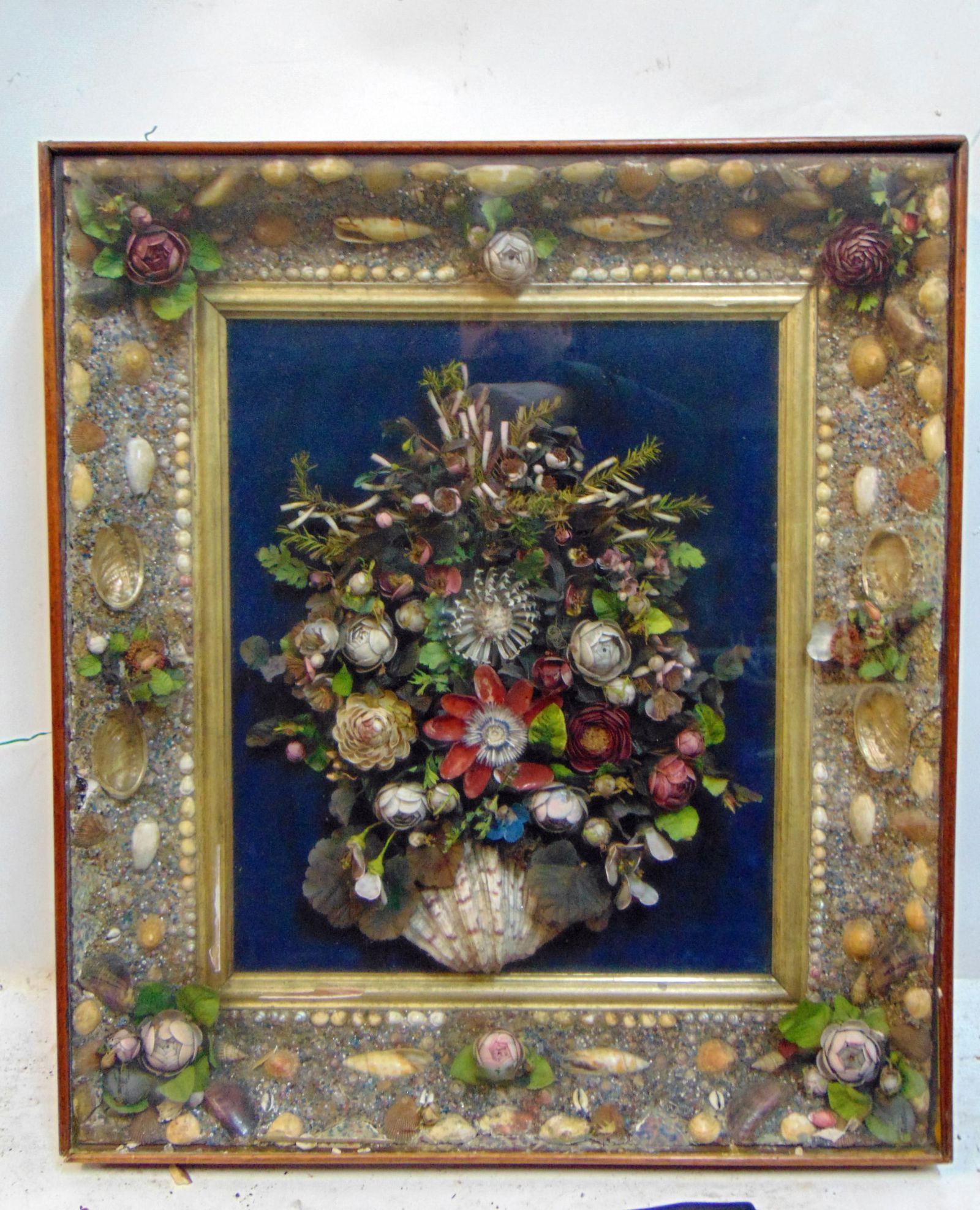 Victorian floral shell or sailor art bouquet in shell encrusted shadowbox frame, flowers all made (1 of 8)
