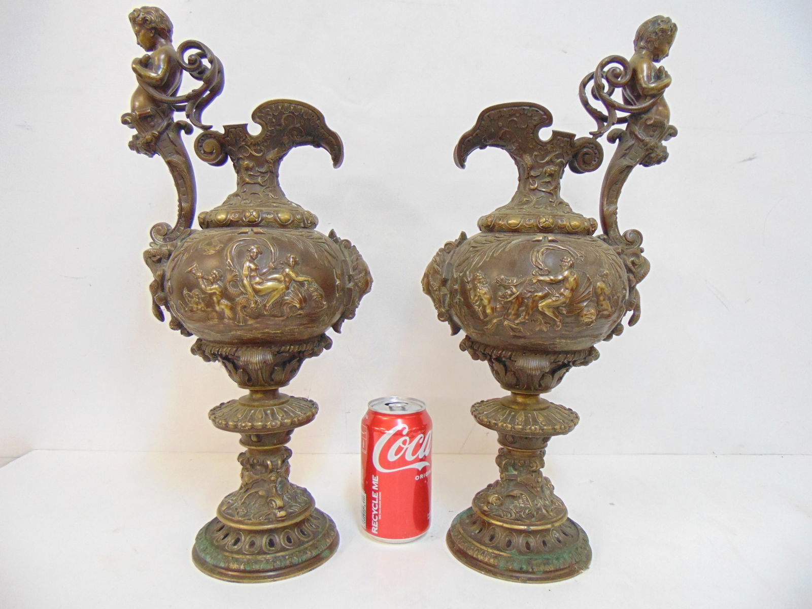Pair bronze ewers with figural handles & neo classical decorations, figures, flowers, birds, height (1 of 8)