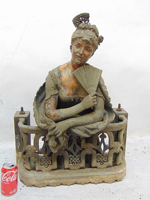 Large Spelter figure of a woman with fan & cigarette leaning on balcony, part of hair comb missing, (1 of 6)