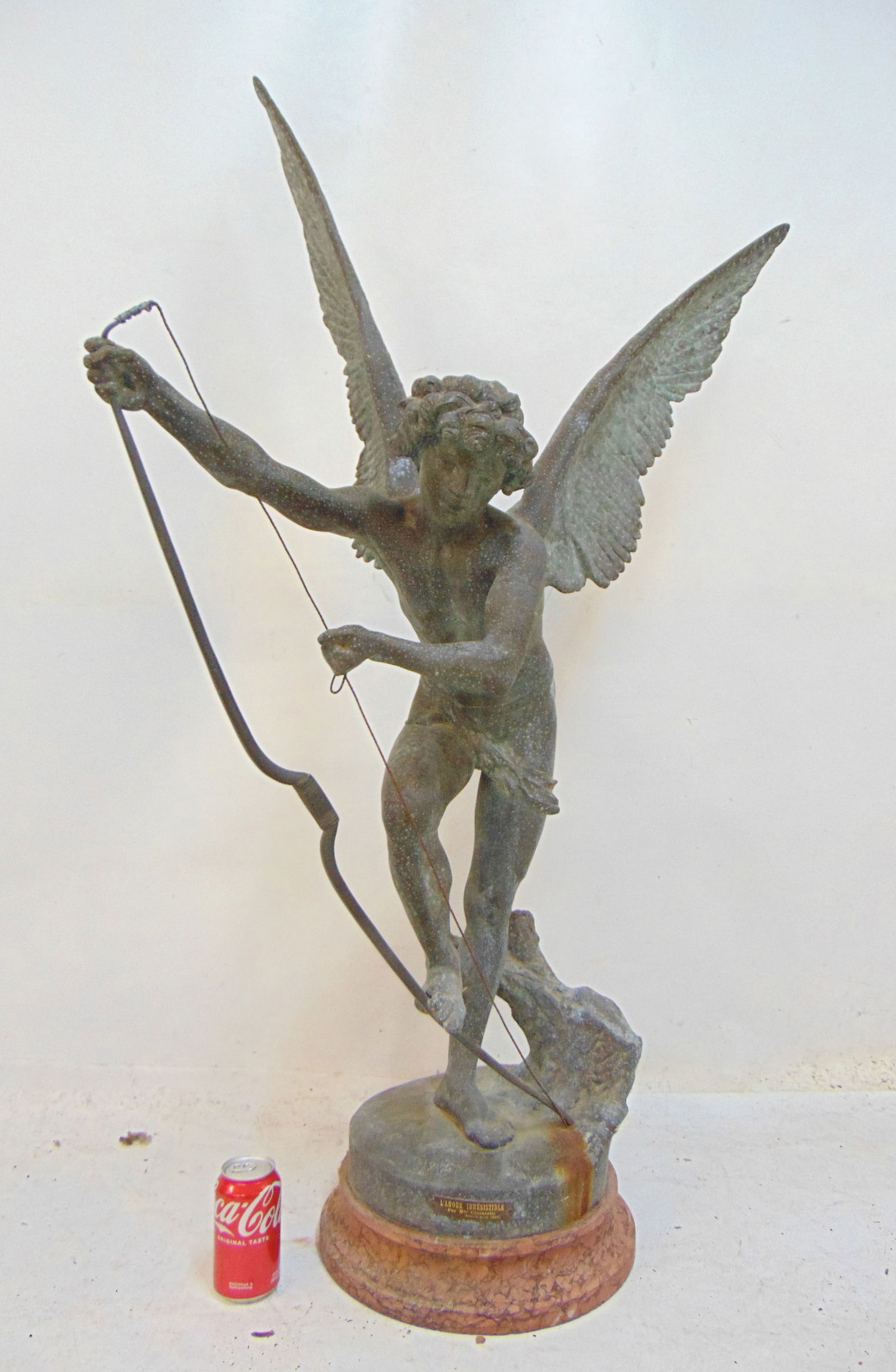 Large Spelter statue, "L'Amour Irresistible, Par M. Cassavetti, on stone base, height is 52" (1 of 9)