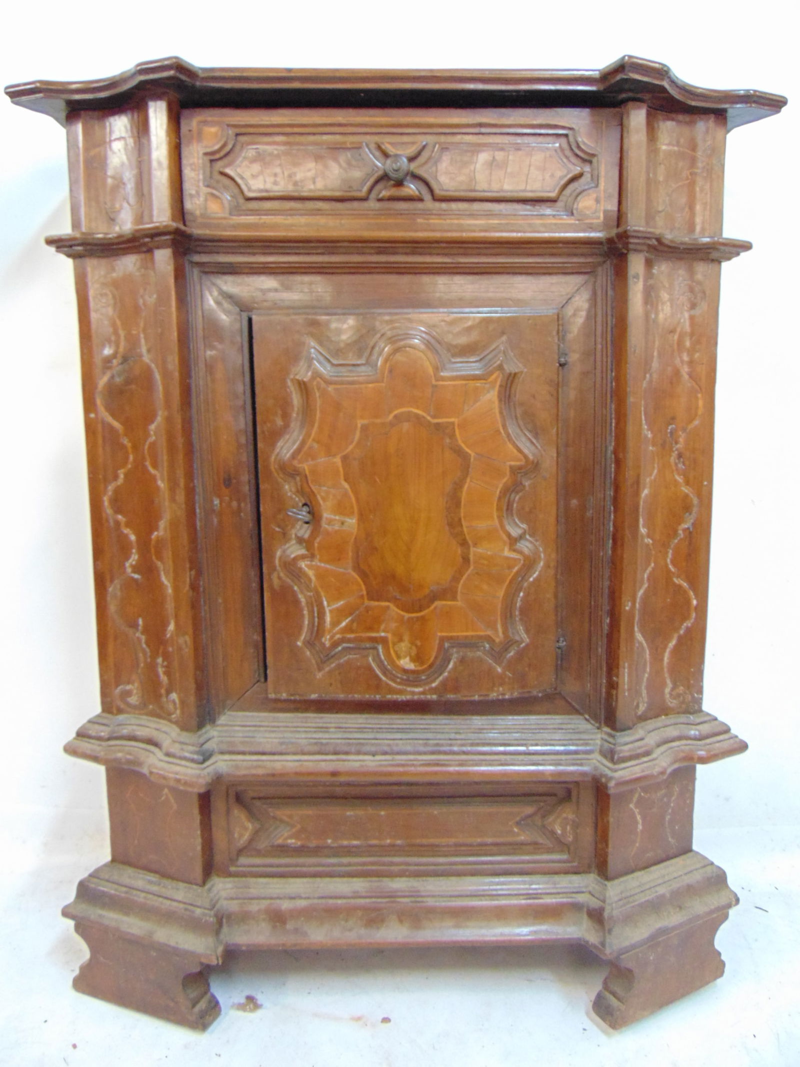 18th Century Italian cabinet with single drawer over door, carved & inlaid detail, original lock on (1 of 5)